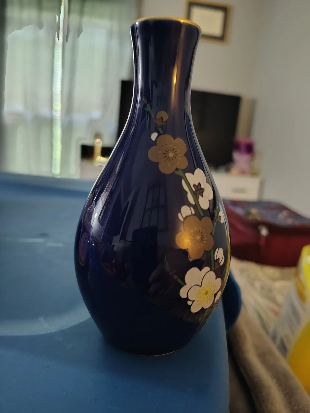 Fukagawa Porcelain Navy Blue Floral Bud Vase 5 Inch
